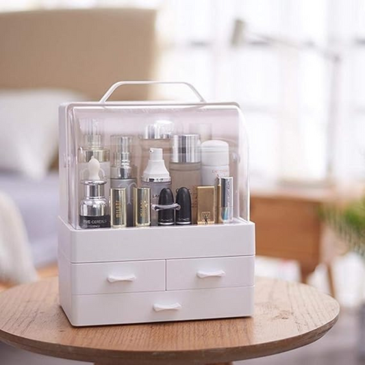 Makeup Organizer Modern Cosmetic White Storage Box | Portable Handle Fully Open Waterproof Lid Dust Proof 3 Drawers Great for Bathroom, Dresser, Counter top