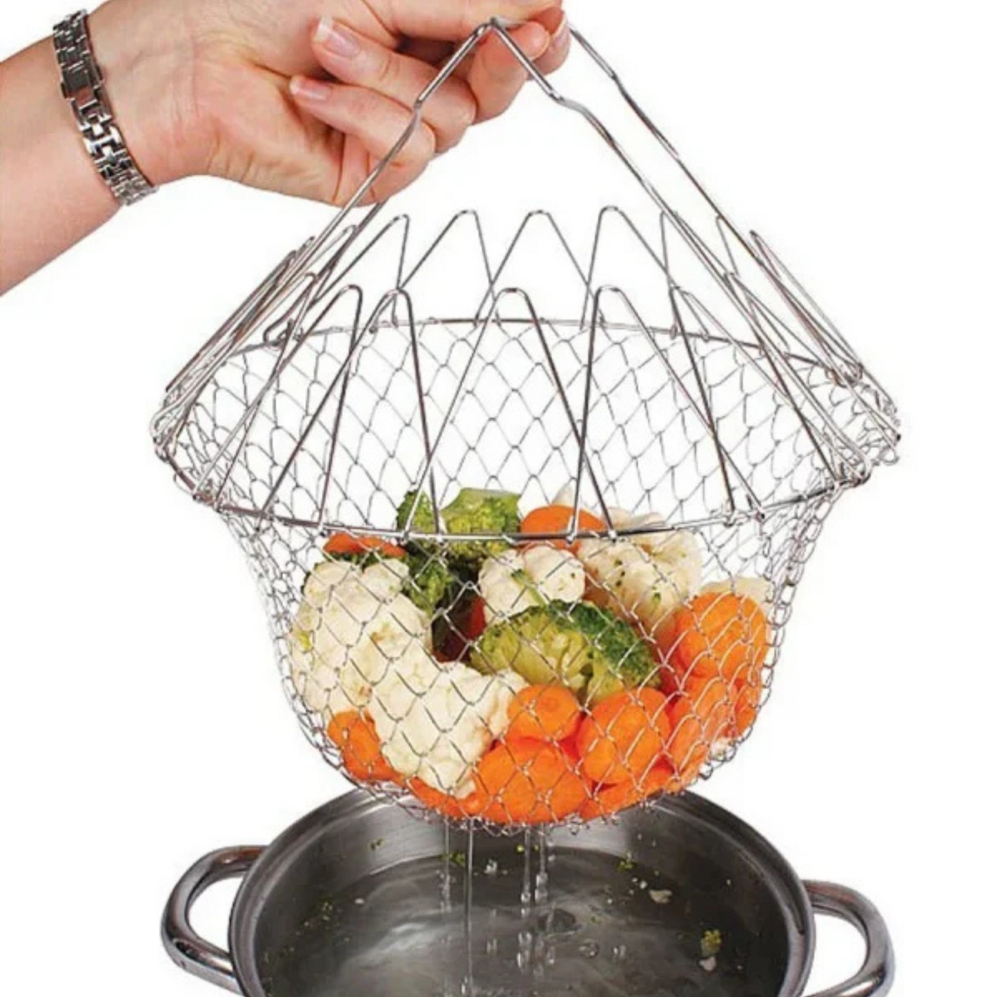 Stainless Steel Foldable Chef Basket – Multi-Purpose Kitchen Colander, Strainer & Deep Fryer