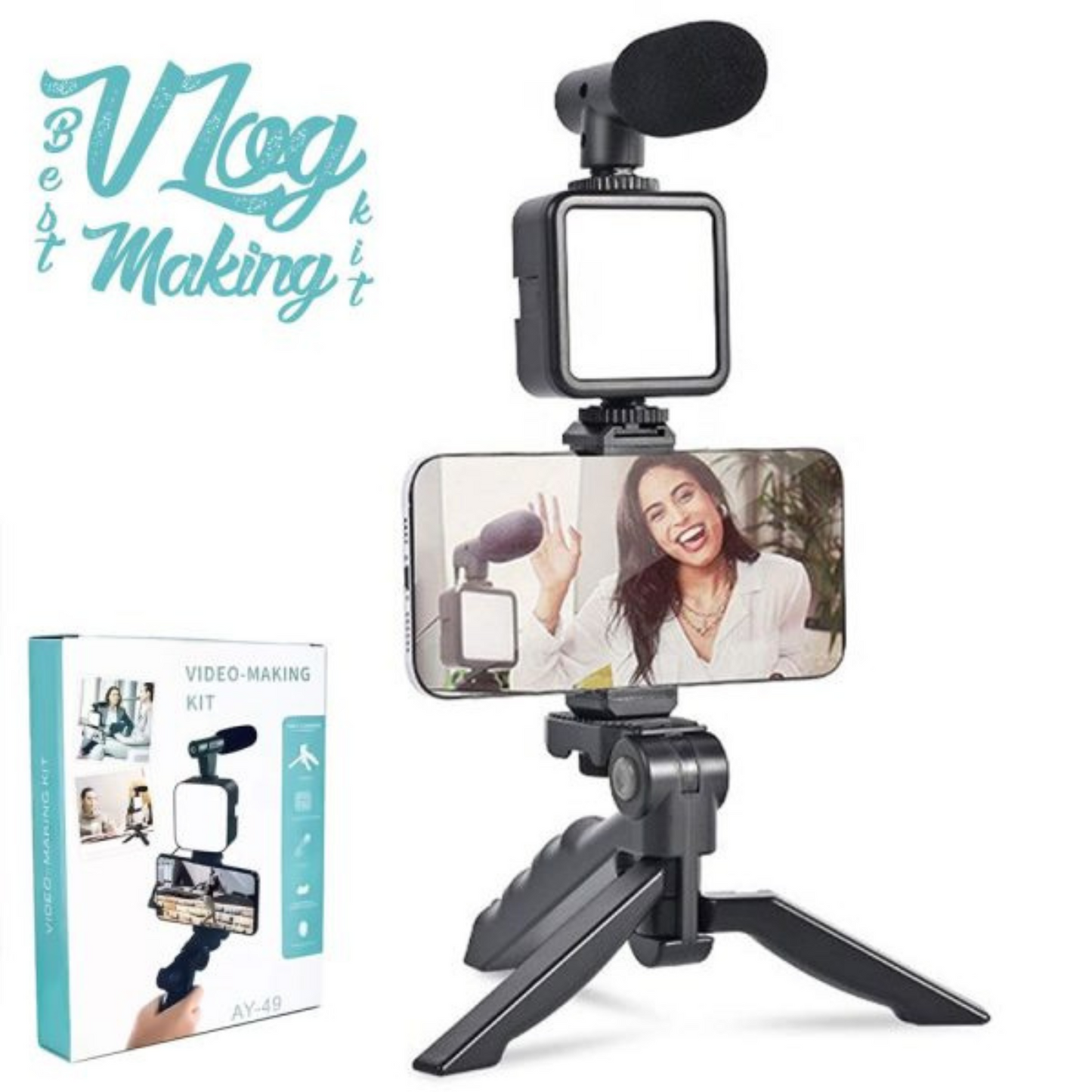 AY-49 Vlogger Video Making Kit | Microphone, LED Light, Mini Tripod & Mobile Holder