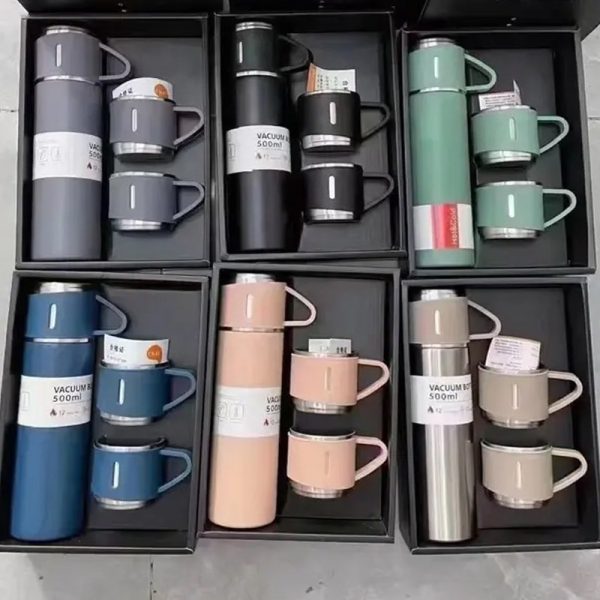 Stainless Steel Vacuum Flask Bottle & Cup Set – Insulated Thermos (Random Color)