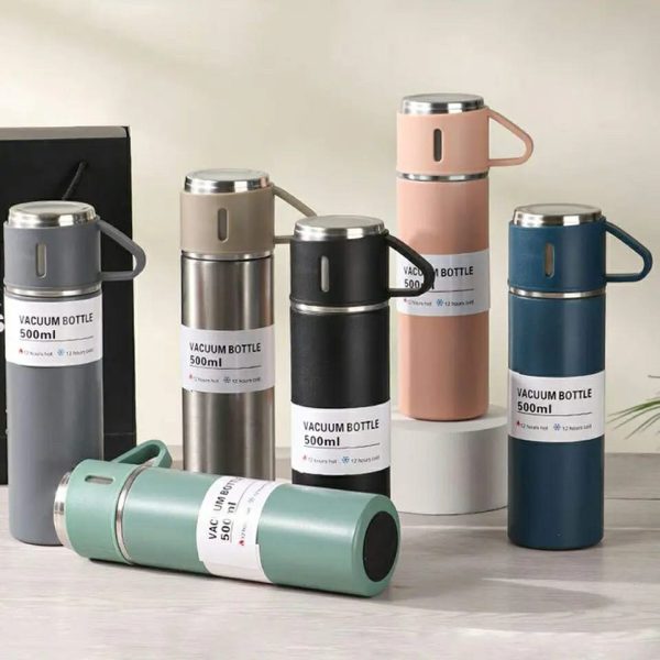 Stainless Steel Vacuum Flask Bottle & Cup Set – Insulated Thermos (Random Color)