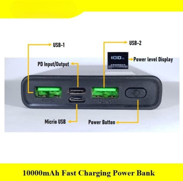 10000mah Power Bank – Fast Charging With Digital Display & Full Capacity Backup (random Color)