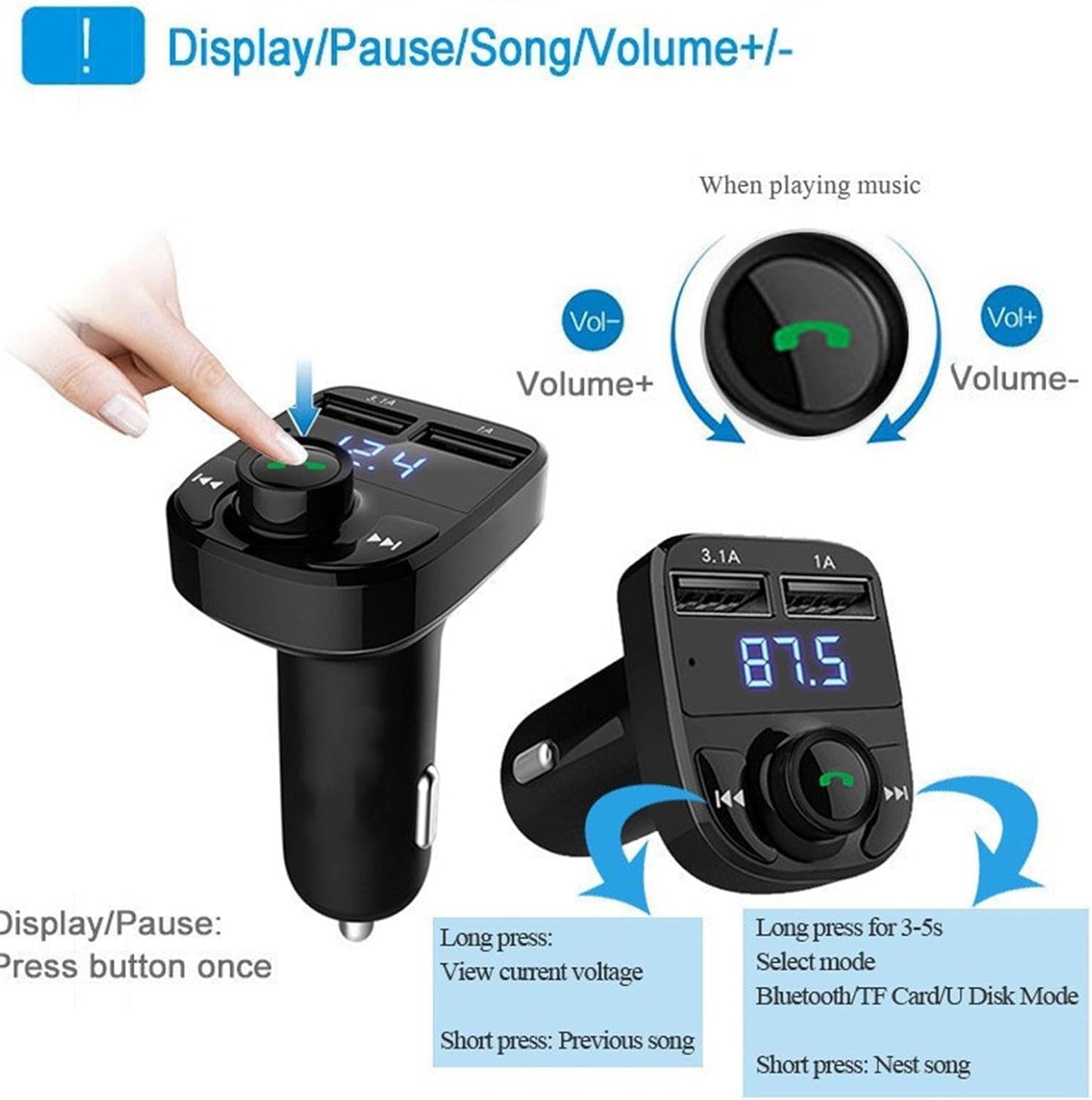 X8 - Multifunctional Car Mp3 Player | Car Wireless FM Transmitter | Car Mp3 Modulator - 3.1A