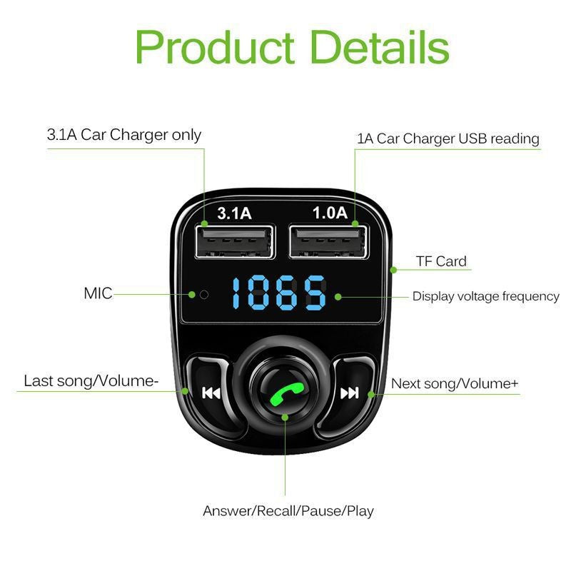 X8 - Multifunctional Car Mp3 Player | Car Wireless FM Transmitter | Car Mp3 Modulator - 3.1A