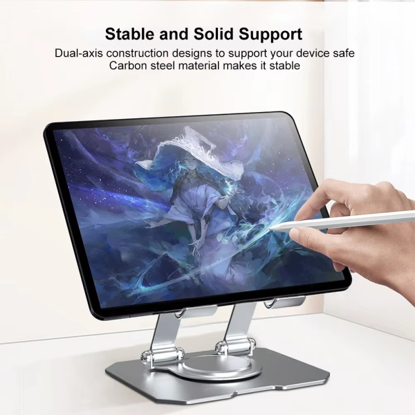 360° Rotating Metal Tablet & Mobile Stand – Adjustable, Foldable, and Portable Desk Mount with Cooling Design