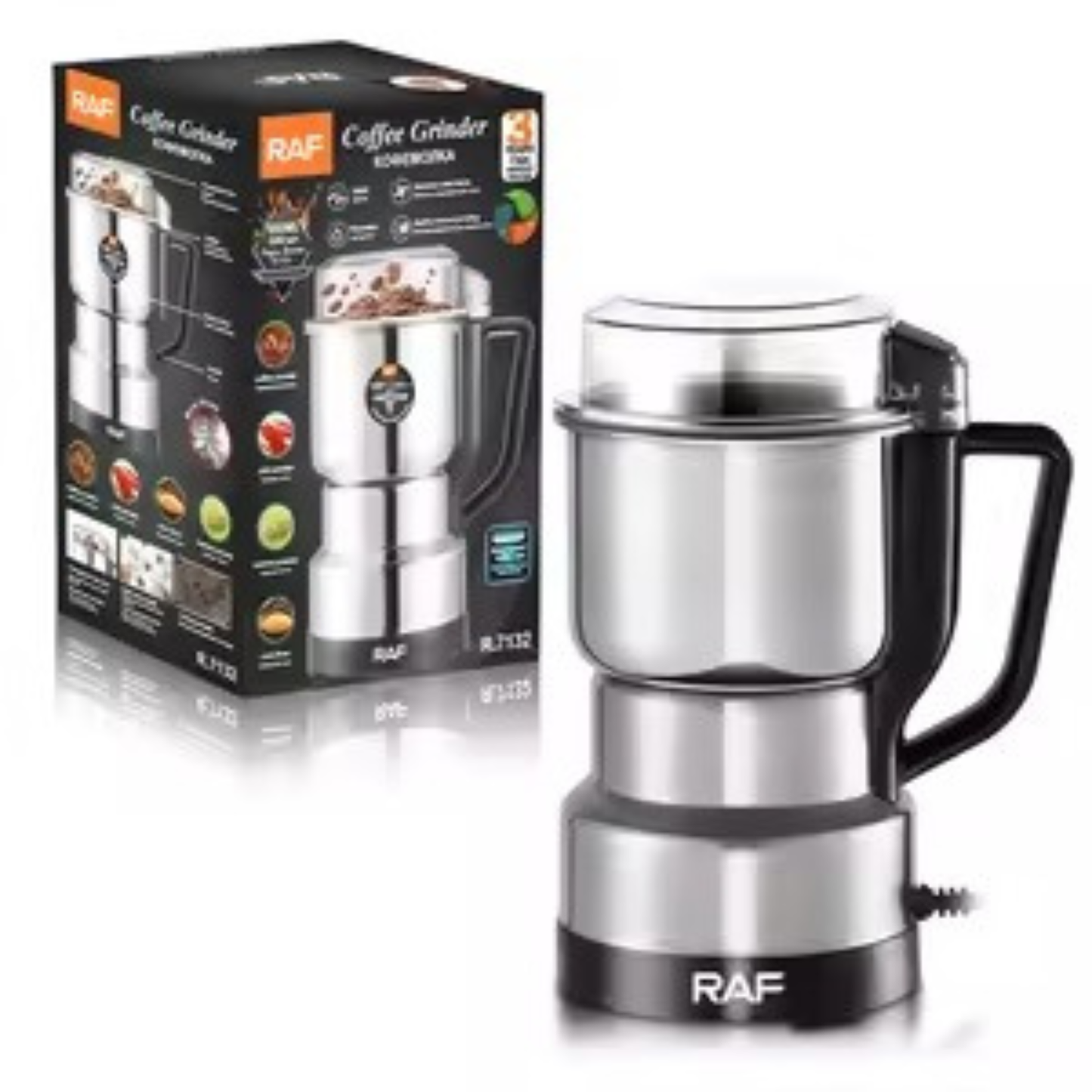 RAF Stainless Steel Electric Coffee Grinder – High-Power Bean & Spice Blender for Home Use