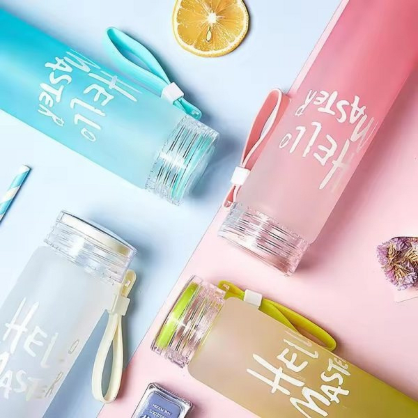 Frosted Glass Water Bottle with Hello Master Decal – 400ml (Random Color) | Eco-Friendly & Stylish