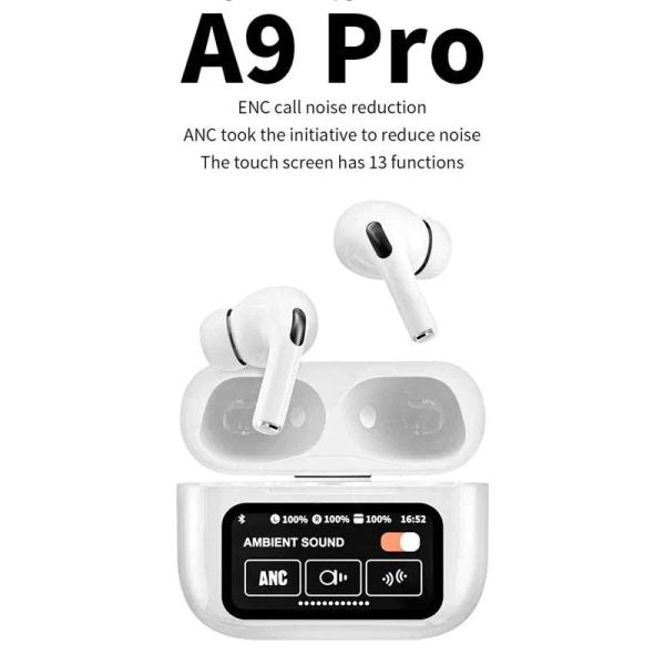 A9 Pro Earbuds – ANC/ENC, Touch Screen Display, Wireless Noise Cancelling Earbuds for Android & iOS