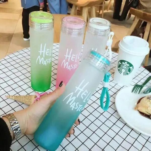Frosted Glass Water Bottle with Hello Master Decal – 400ml (Random Color) | Eco-Friendly & Stylish