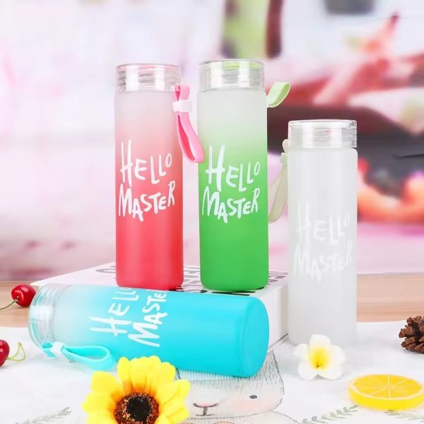 Frosted Glass Water Bottle with Hello Master Decal – 400ml (Random Color) | Eco-Friendly & Stylish