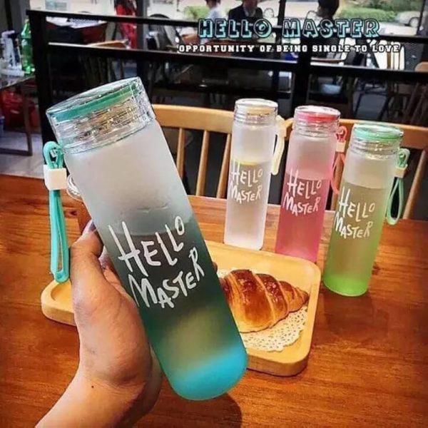 Frosted Glass Water Bottle with Hello Master Decal – 400ml (Random Color) | Eco-Friendly & Stylish