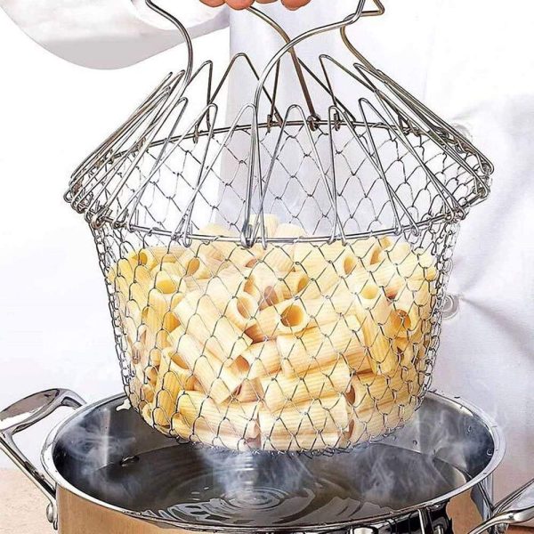 Stainless Steel Foldable Chef Basket – Multi-Purpose Kitchen Colander, Strainer & Deep Fryer