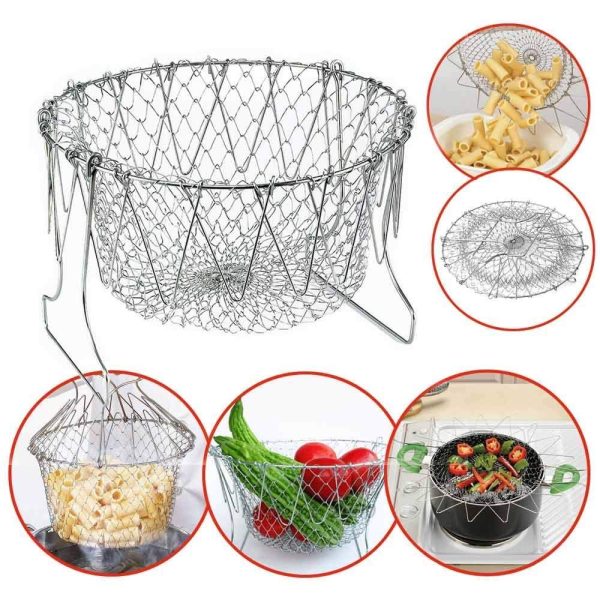Stainless Steel Foldable Chef Basket – Multi-Purpose Kitchen Colander, Strainer & Deep Fryer